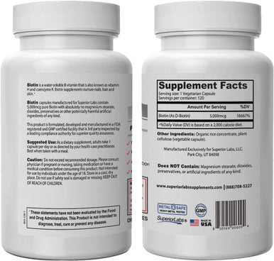 Superior Labs Best Natural Biotin NonGMO Supplement for Luscious Longer Hair and Lashes Stronger Nails Healthy Skin Energy Booster Healthy Weight 5000 mcg 120 Vegetable Caps