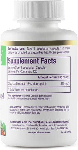 Paradise Olive Leaf Extract | True European Sourced Spanish Andalusian Olive Trees | 18% Oleuropein Resveratrol | Active Whole Spectrum | Vegan | NON-GMO | Gluten | 120 Vegetarian Capsules