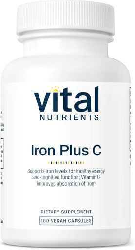 Vital Nutrients Iron Plus C | Vegan Iron Supplement | 20mg Iron with 200mg Vitamin C to Increase Iron and Energy Levels | Gluten Dairy Soy | Non-GMO | 100 Capsules