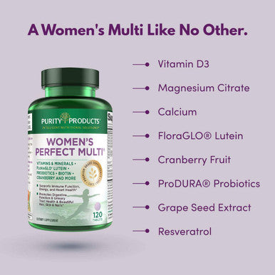 Womens Perfect Multi by Purity Products Balanced Multivitamin Supports Urinary Tract Health Immune Bone Muscle Hair Skin Nails an Elite Probiotic for Digestive Health More 120 Tablets
