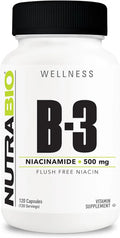 Nutrabio Niacinamide Supplement for Normalized Blood Lipids Better LDL & HDL Levels Flush Vitamin B3 500mg - 120 Vegetable Capsules