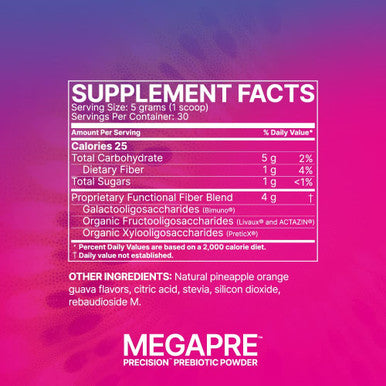 Microbiome Labs MegaPre Gut Health Powder - Powdered Prebiotic Blend - Oligosaccharides for Immune & Digestion Support - Prebiotics Supplement for Adults, Kids - Pineapple Orange Guava Flavor (5.5 oz)