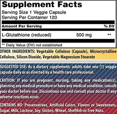 Amazing Nutrition Formulas L-Glutathione 500 Mg 120 Veggie Capsules | Non-GMO | Gluten | Made in USA | Suitable for Vegetarians