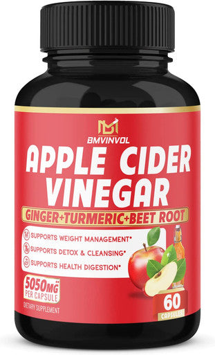 Apple Cider Vinegar Capsules 5050mg Herbal Equivalent with Ginger Turmeric Supports Digestion Detox Immune 2 Months Supply