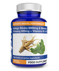 Ginkgo Biloba and Siberian Ginseng, Standardised Ginkgo 6000mg and Ginseng 600mg with Vitamins B3 and B5. 120 Vegan Tablets. 4 Months Supply.