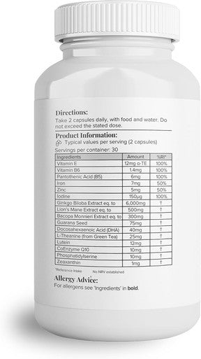 Hey Nutrition Cognitive Complex Supplement - Ginkgo Biloba Lion s Mane & Natural L-Theanine - Supports Mental Performance Memory and Psychological Function - UK Manufactured - 60 Vegan Capsules