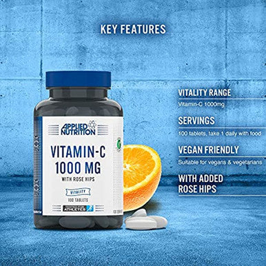 Applied Nutrition Vitamin C 1000mg 100 tablets (3 Months Supply) L Ascorbic Acid With Rose Hips Immune System Support Suitable For Vegans and Vegetarians