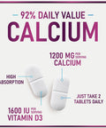 Calcium Supplement For Women 1200 Mg Plus 1600Iu Vitamin D3, Bone Health, Teeth & Immune Support - Calcium With Extra Strength Vitamin D High Absorbable Premium Calcium Carbonate - 60 Tablets