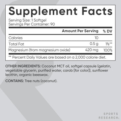Sports ResearchÃƒâ€šÃ‚Â® Magnesium Oxide With Coconut Oil - Heart And Bone Health - Gluten Free, Non-Gmo, Soy - 90 Softgels