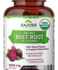 Zazzee Usda Organic Beet Root 20:1 Extract, 8000 Mg Strength, Enhanced Absorption With Organic Black Pepper Extract, 120 Vegan