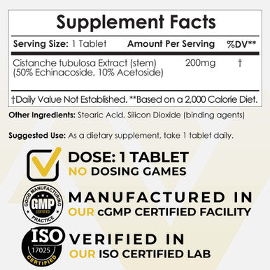 Cistanche tubulosa Tablets | 200mg | 60 Count | Minimum 50% Echinacoside + 10% Acetoside (Verbascoside) | Promotes Physical Strength and Energy | Promotes Vitality | Nootropics Depot
