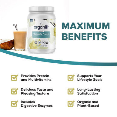 Organifi Complete Protein Vanilla Flavor - Organic Vegan Plant Based Protein Powder With Digestive Enzymes - 30 Day Supply - No Soy, Dairy, Or Gluten