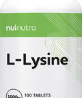 Nui Nutra L-Lysine Tablets Supplement | 1000mg | 100 Tablets | Skin, Bone, Lip, & Gum Support | Promotes Healthy Tissue and Collagen Levels | Non-GMO & Gluten Free | for Men & Women