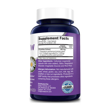 NusaPure Feverfew 1520mg 200 Vegetarian Caps (Extract 4:1, Non-GMO & )