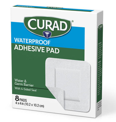 Curad White Waterproof Adhesive Pads 4" x 4" Advanced Wound Care 1 Box 8 Count