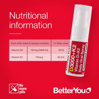 BetterYou Vitamin D+K2 Oral Spray | Natural Liquid Daily Multivitamin Spray and Immune System Support Supplement for Healthy Bones | 0.40 fl oz