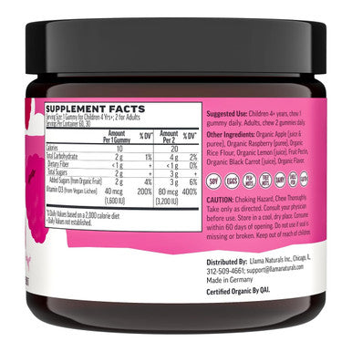 Llama Naturals Vitamin D3 Vegan Organic Immune Support Supplement Vitamin D Gummies for Adults and Kids Real Fruit Gummy Vitamins Promotes Bone Health No Added Sugar Cane Raspberry 60 Ct