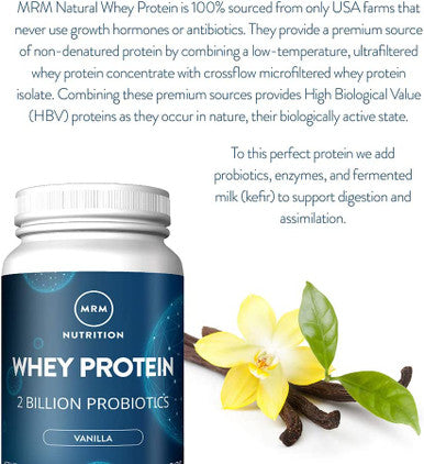 MRM Nutrition Whey Protein | Vanilla Flavored |18g Protein | with 2 Billion probiotics + Digestive enzymes + BCAAs | High Absorption + Digestion | Hormone + antibiotic | 17 Servings