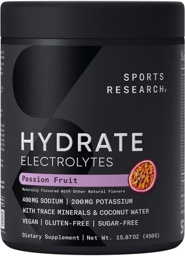 Sports Research Hydrate Electrolytes Powder - Sugar-Free & Naturally Flavored With Vitamins Minerals And Coconut Water - Supports Hydration - Passion Fruit