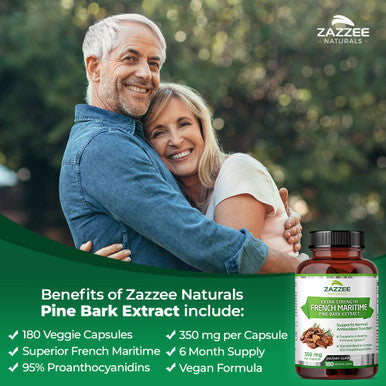 Zazzee Extra Strength French Maritime Pine Bark Extract, 350 Mg Per Capsule, 180 Vegan Capsules, 95% Proanthocyanidins, 6 Month