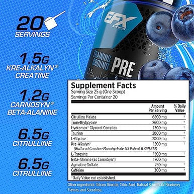 Efx Sports Training Ground Pre Workout Powderenergy & Muscle Pumpswith Hydromax Glycerol Citrulline Beta Alanine300Mg Caffeine20 Servings (Blueberry)