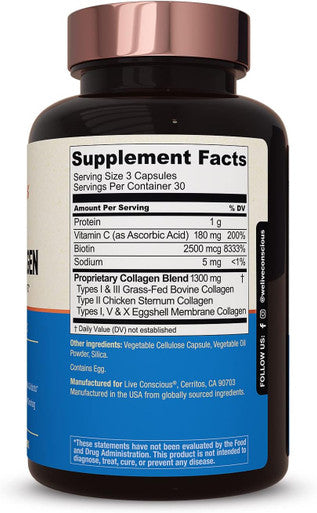 Live Conscious Beyond Collagen Multi Collagen Capsules - Types I, Ii, Iii, V & X Hydrolyzed Blend With Biotin & Vitamin C For Hair, Skin, Nails 90 Capsules (2-Pack)