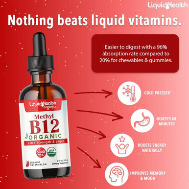 Liquidhealth Organic Methyl Vitamin B12 Methylcobalamin Liquid Drops with Tart Cherry Juice - Boost Energy Support Immune System Improve Memory & Concentration - Vegan Sugar Non-GMO (2 oz)