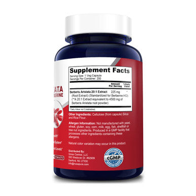 Berberine HCI 4500 mg - 200 Veggie Caps - 6 Months Supply - (100% Vegetarian, Non-GMO & Gluten-Free)