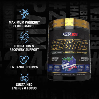 EHP Labs Hectic PreWorkout High Stim Advanced Pre Workout Powder for Max Performance Caffeine Beta Alanine Coconut Water Energy Pump Recovery and Hydration 40 Serves Blue Raspberry