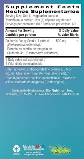 Bio Nutrition - California Poppy Seed - 500 Mg - 60 Vegetarian Capsules