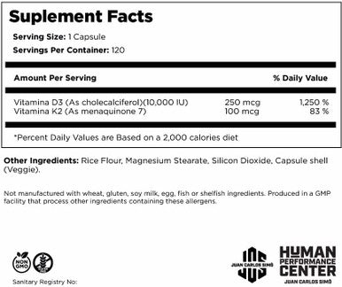HUOmni D3K2 Vitamin D Supplement D3 10000 IU K2 100 mcg MK7 120 Capsules