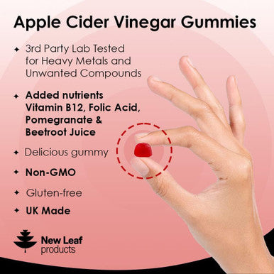 Leaf Products Apple Cider Vinegar Gummies Vegan With The Mother High Strength + Vitamin B12 Folate Pomegranate & Beetroot Fresh Pure Unfiltered Vinegar Not Powder Apple Cider Vinegar Gummy 1 Per Serving
