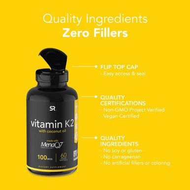 Vitamin K2 as MK7 with Organic Coconut Oil Vitamin K Supplement Made with MenaQ7 from Fermented Chickpea NonGMO Verified Vegan 60 VeggieSoftgels