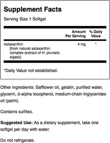 Swanson Astaxanthin Eye Vision Brain Skin Health Antioxidant Support Supplement (Astaxanthin 4 mg) 60 Softgels Sgels