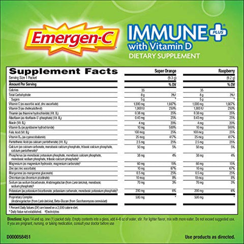 Emergen-C Immune System Support Dietary Supplement Drink Mix With Vitamin D 1000Mg Vitamin C - 70 Packets (30 - Raspberry Flavor 40 - Super Orange Flavor)