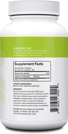 Nui Nutra Caffeine Pills | 200mg | 200 Capsules | Energy & Mental Focus Support Supplement | Pre Workout & Anti-Fatigue | Helps Support Alertness and Fight Daytime Sleepiness