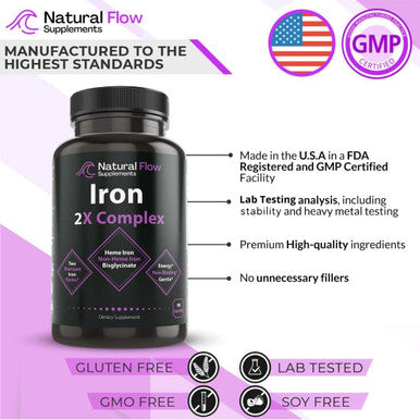 Iron Supplement 2-In-1 Complete Complex - Natural Flow 2X Heme And Chelated Non Heme Iron Bisglycinate, Folate, B And Vitamin C, For Anemia And Blood Building Support, Gentle On Stomach, 90 Caps