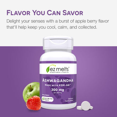 EZ Melts Dissolvable KSM-66 Ashwagandha 300 mg Sugar-Free Stress Sleep and Mood Support Supplement 30-Day Supply Apple Berry-Flavor