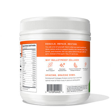 Bulletproof Unflavored Collagen Protein Powder, 18G Protein, 14.3 Oz, Grass Fed Collagen Peptides And Amino Acids For Healthy Skin, Bones And Joints