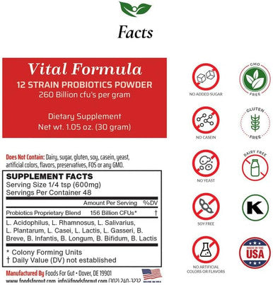 Foods For Gut Vital Formula 12 Strain Probiotics Powder 260 Billion Cfu 30 Grams | Digestive & Immune Support | High Potency