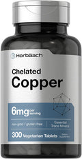 Chelated Copper Supplement 6mg | 300 Tablets | Essential Trace Mineral | Vegetarian, Non-GMO, Gluten Free | by Horbaach