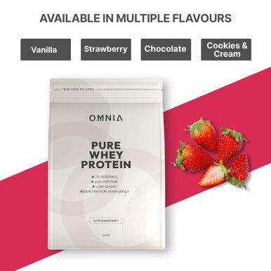 OMNIA Pure Whey Protein Powder Nutrition Low Carbs and Low Sugar Muscle Building Powder Over 22G Protein Per Serving - 33 Servings - 1 KG - Strawberry