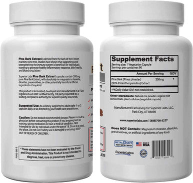 Superior Labs Pine Bark Extract Superior Circulatory Health 200mg 95 OPC 90 Cap Supports Healthy Blood Flow Antioxidant Promotes Healthy Hair Skin Free Radical Protection