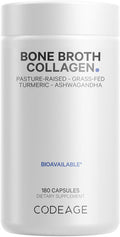 Codeage Organic Bone Broth Collagen Peptides Capsules Supplement Grass Fed Beef Bone Broth -Range Chicken Bone Broth Turmeric & Ashwagandha - Collagen Types I II III - Non-GMO - 180 Capsules