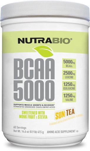 Nutrabio BCAA 5000 Powder - Fermented Branched Chain Amino Acids for Muscle Growth & Recovery - Natural Flavors Sweeteners and Coloring Vegan Gluten - Sun Tea 60 Servings