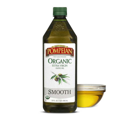 Pompeian Smooth Organic Extra Virgin Olive Oil - 16 fl oz | First Cold Pressed Olive Oil for Cooking - Smooth Taste for Sauteing, Stir-Frying, and Baking