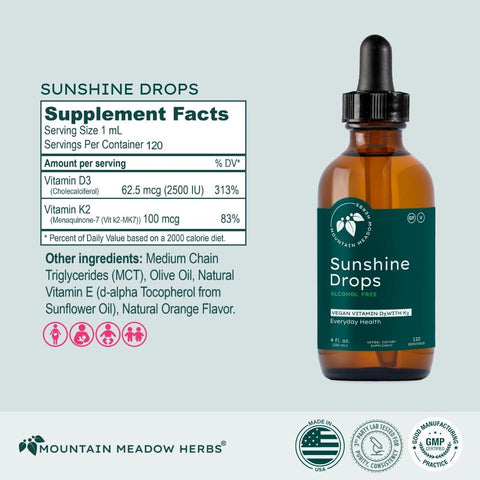 Mountain Meadow Herbs Sunshine Drops Vegan Vitamin D3 Booster for Healthy Bones and Teeth Ideal Winter Supplement Tincture 2oz