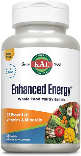 Kal Enhanced Energy Supplements, Once Daily Whole Food Multivitamin For Women And Men, Iron Free, 23 Essential Vitamins, Minerals, Super Foods, Digestive Enzymes, 60-Day , 60 Serv, 60 Vegtabs