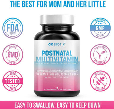 GoBiotix Postnatal Vitamin Postpartum Vitamins for Energy Mood Breastfeeding Support Lactation Supplement with Organic Herbs Minerals Nutrients for New MomsBaby NonGMO Vegan 60 Capsules