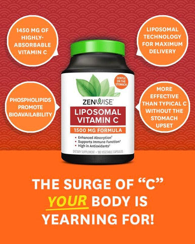 Zenwise Vitamin C Liposomal Ascorbic Acid 1500 MG of Organic Highly Bio Available Vitamin C for Immune Health Natural Energy Boost and Skin Care Support 3 Month Supply 180 Capsules